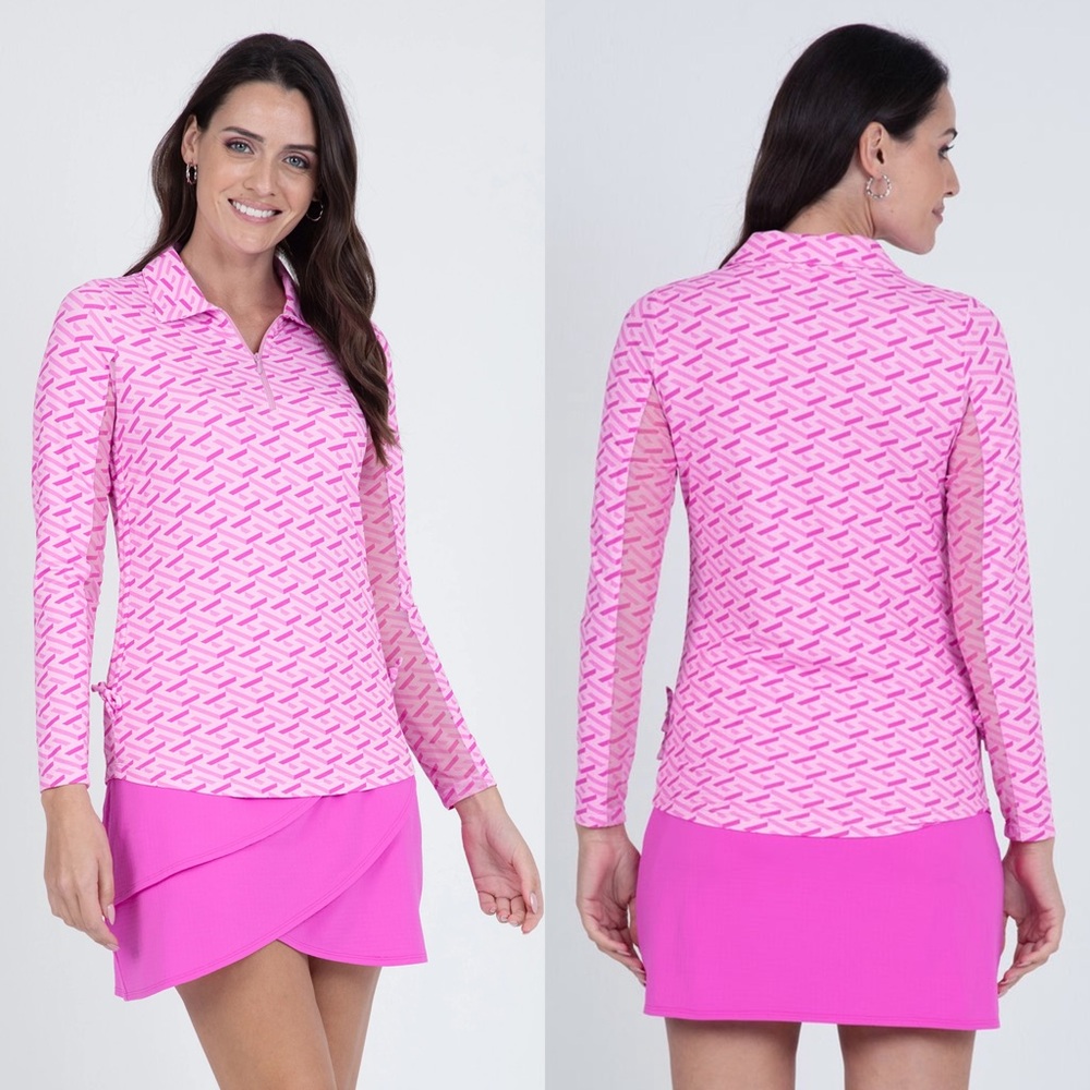 Ibkül Fatima Print Long Sleeve Mock Neck Top - Half Zip - Size Medium - Pink
